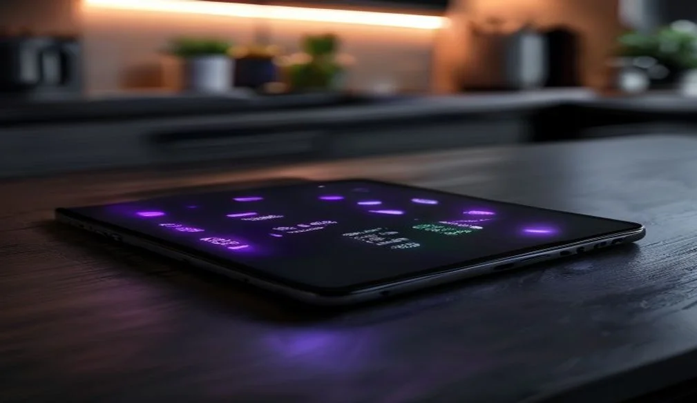 Tablet leżący na kuchennym blacie z ciemnym interfejsem czatu — lokalny agent AI jako panel domowy