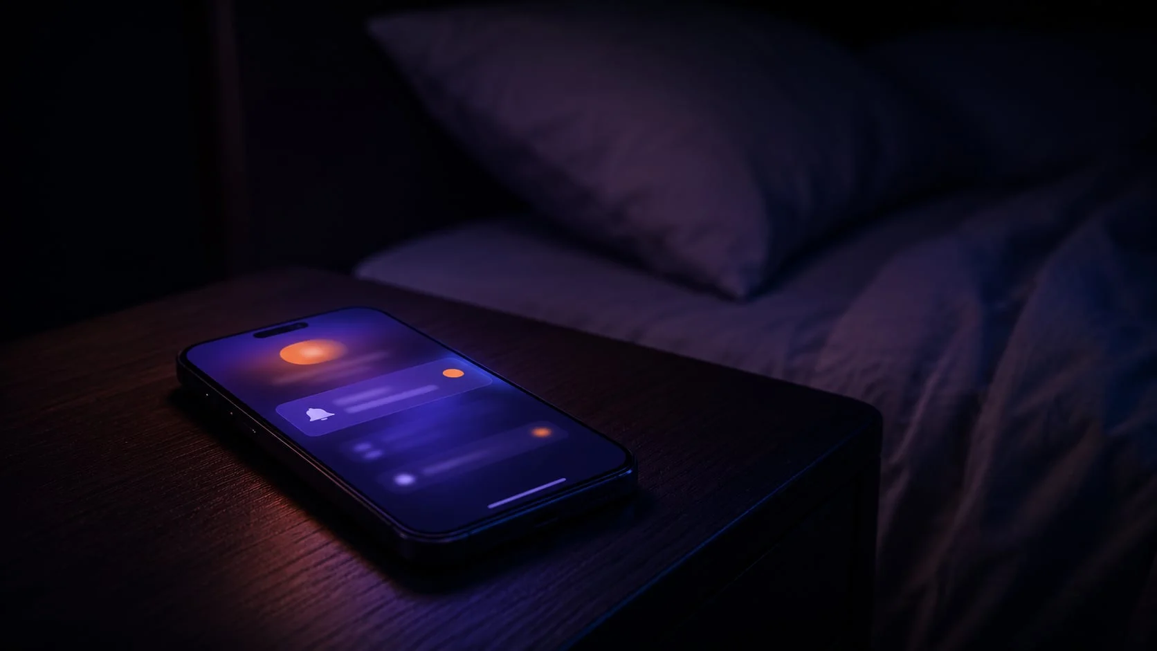 Telefon na szafce nocnej w ciemnej sypialni z delikatnie podświetlonym powiadomieniem — alerty niekrytyczne czekają w kolejce do rana